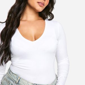 Plus Cotton Plunge Long Sleeve Bodysuit