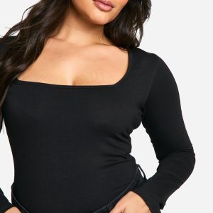 Boohoo Basics Plus Cotton Square Neck Long Sleeve Bodysuit