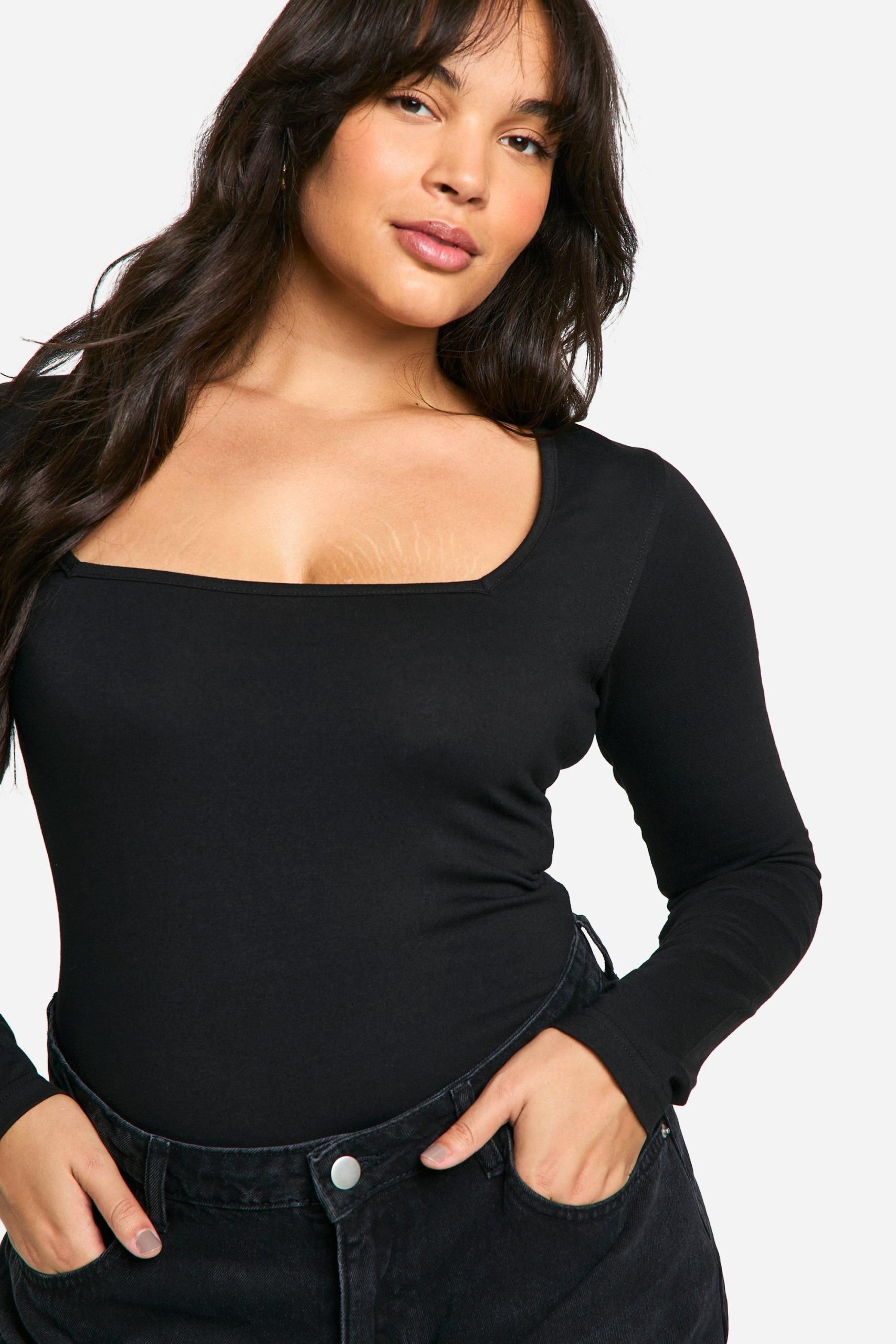 Boohoo Basics Plus Cotton Square Neck Long Sleeve Bodysuit