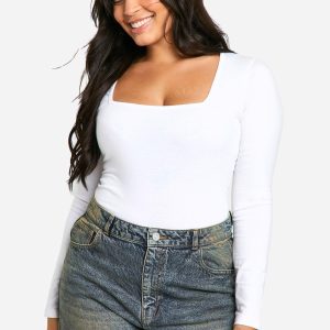 Boohoo Basics Plus Cotton Square Neck Long Sleeve Bodysuit