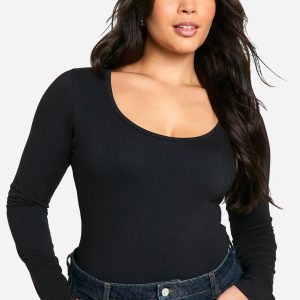 Boohoo Basics Plus Cotton Scoop Neck Long Sleeve Bodysuit