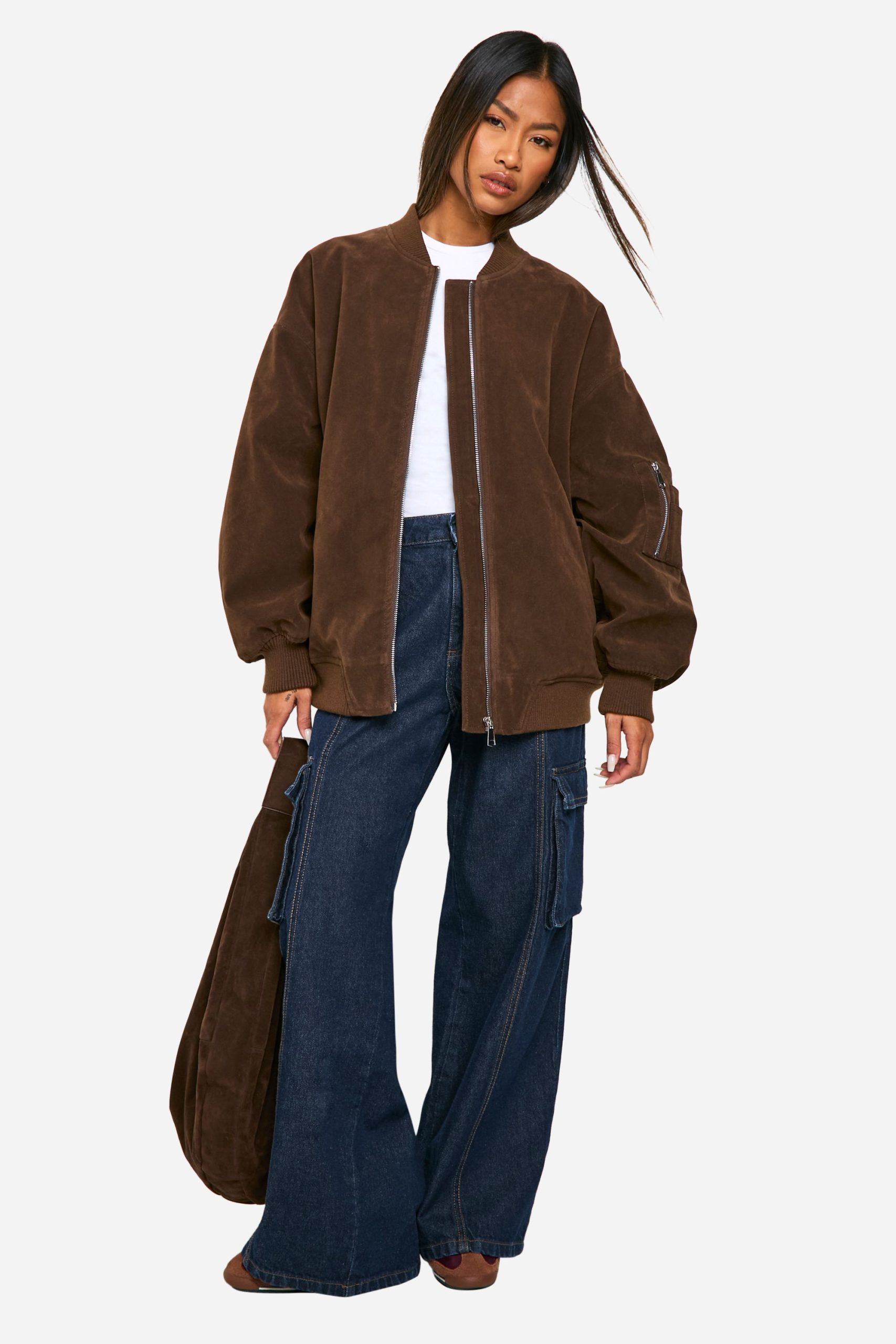 Vintage Suede Look Oversized Bomber Jacket - Image 3