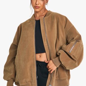 Vintage Suede Look Oversized Bomber Jacket