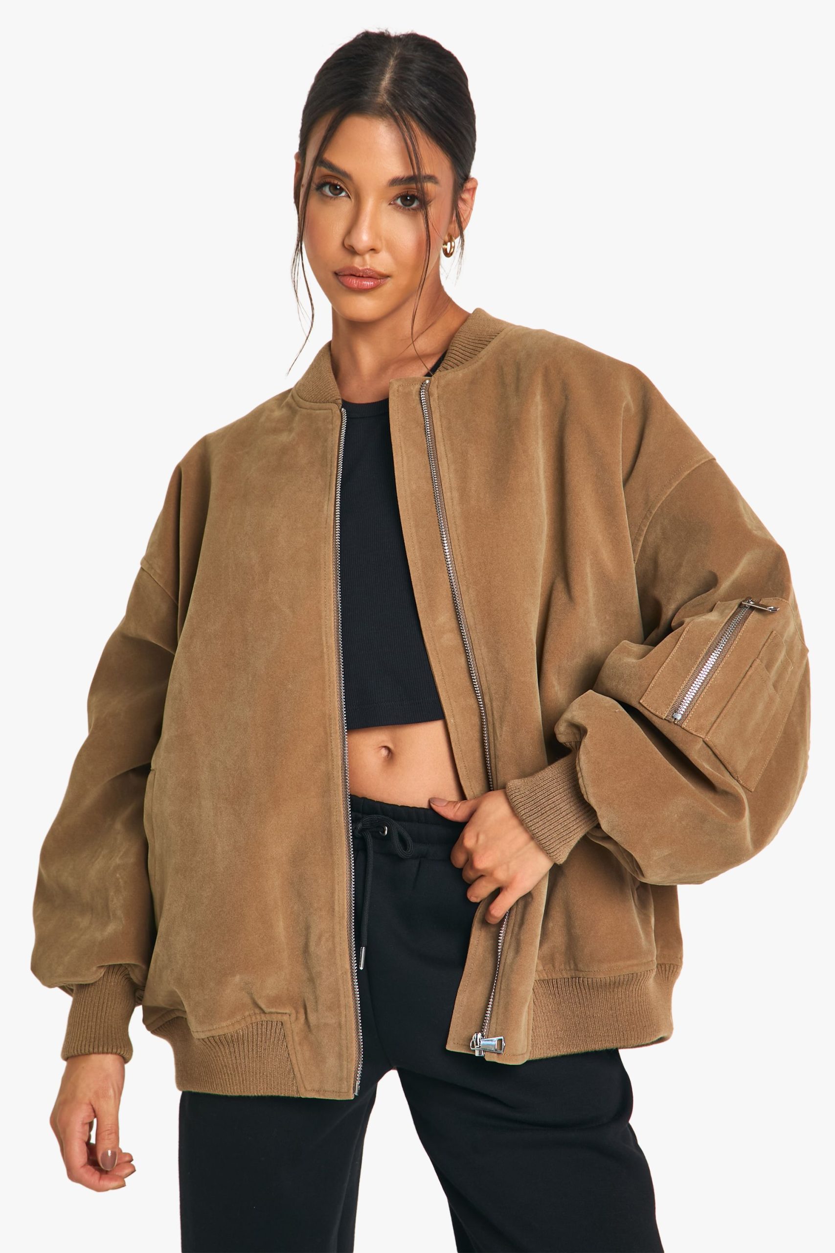 Vintage Suede Look Oversized Bomber Jacket