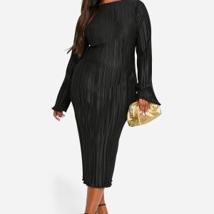 Plus Plisse Flared Sleeve Low Back Column Midi Dress