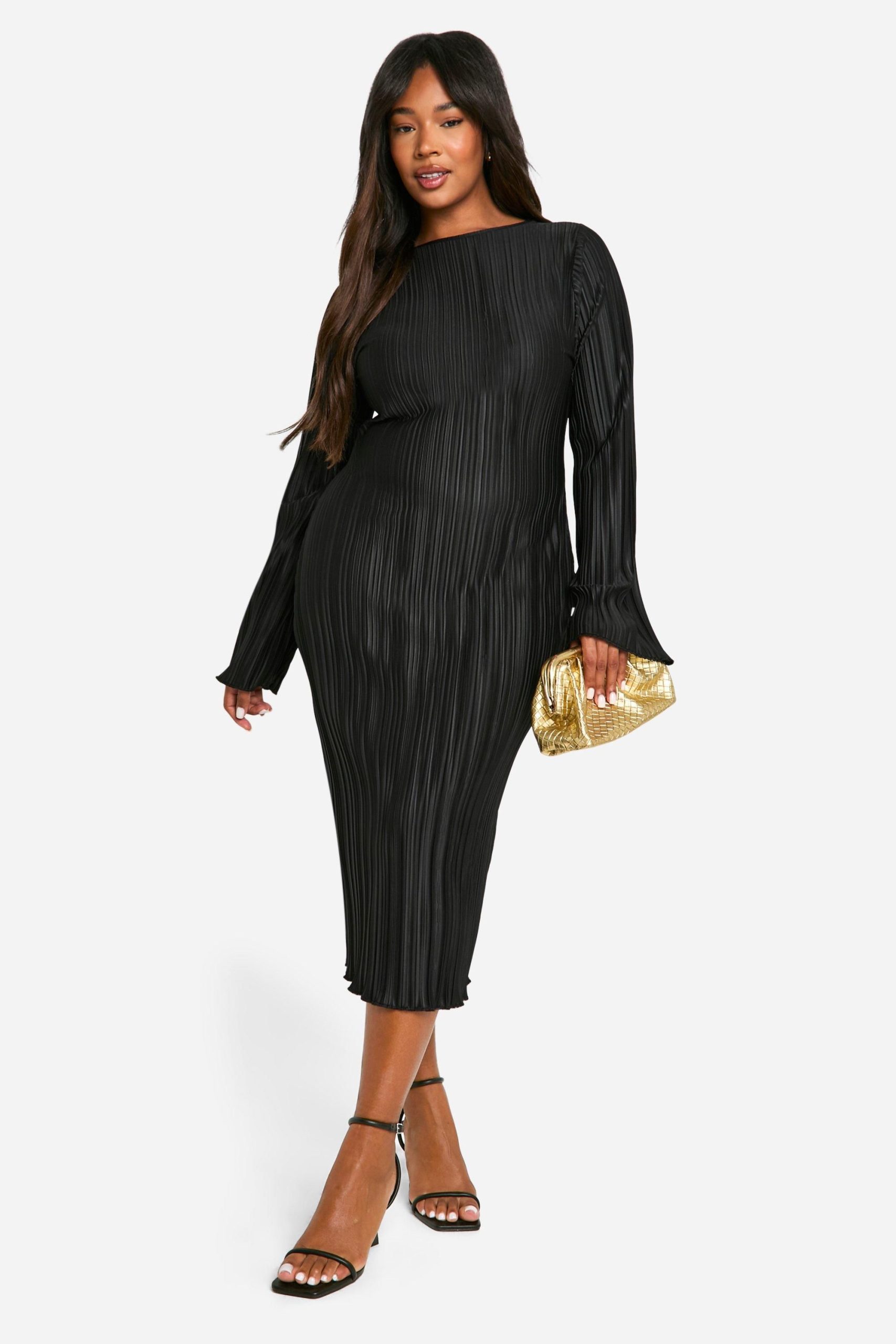 Plus Plisse Flared Sleeve Low Back Column Midi Dress