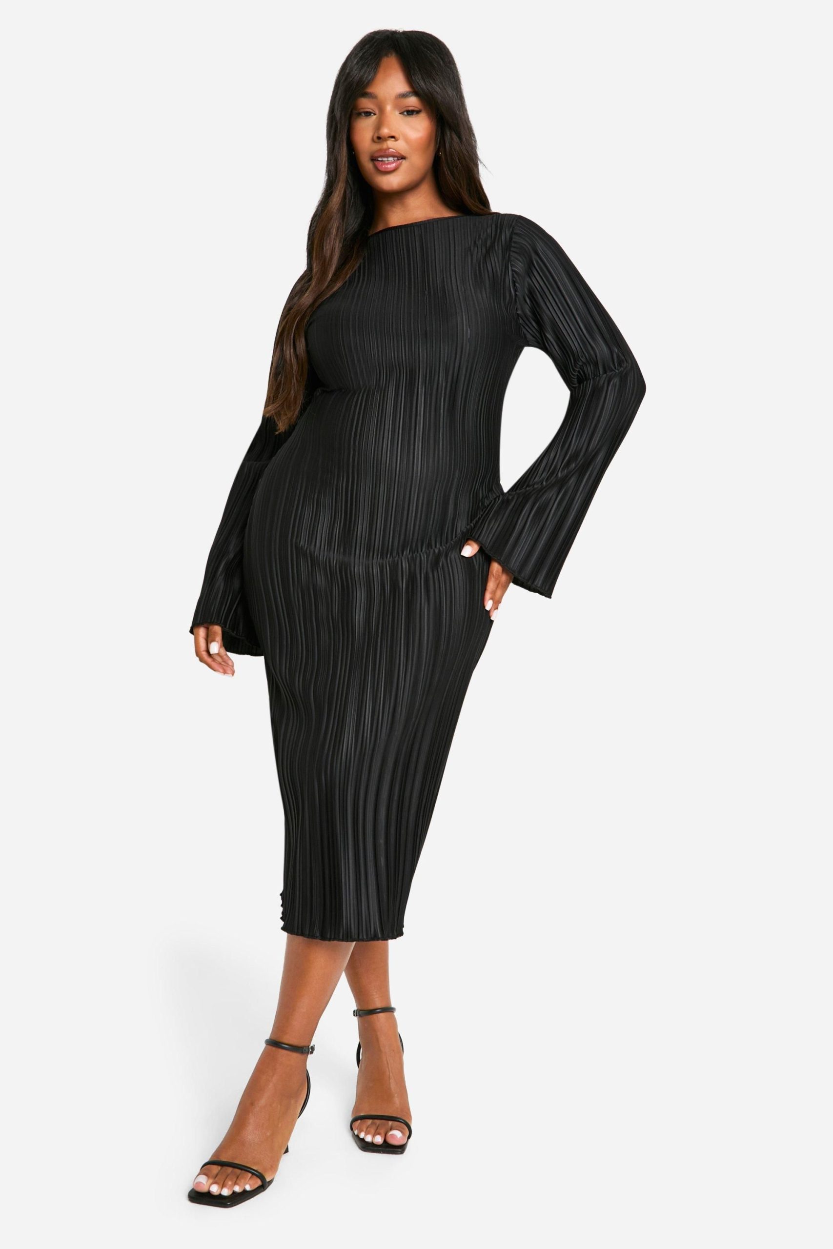Plus Plisse Flared Sleeve Low Back Column Midi Dress - Image 3