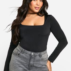 Boohoo Basics Plus Double Layer Slinky Square Neck Bodysuit