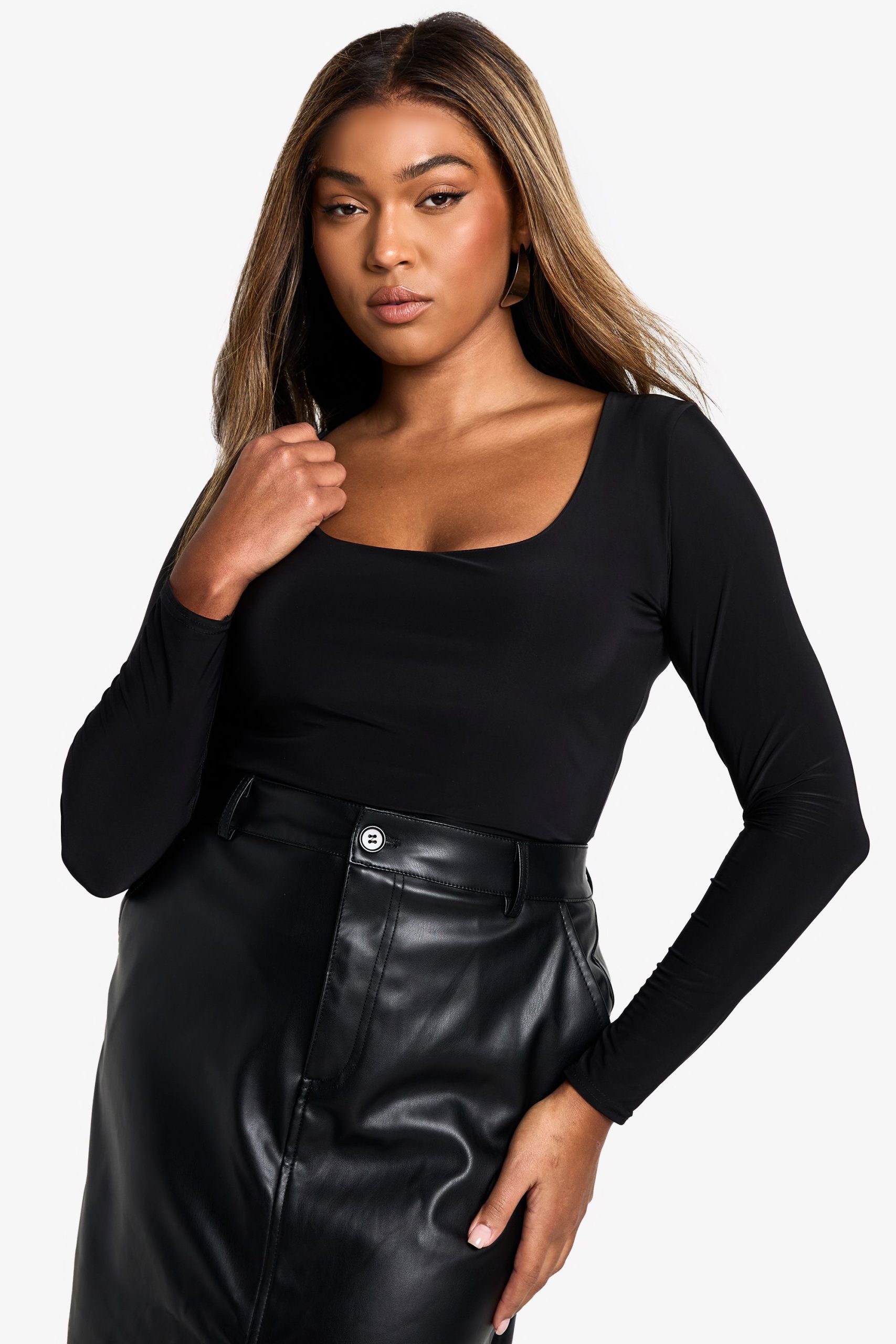 Boohoo Basics Plus Double Layer Slinky Crew Neck Bodysuit