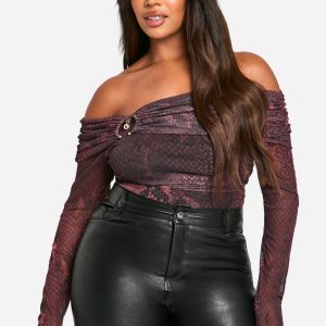 Plus Dark Snake Bardot Ring Detail Bodysuit