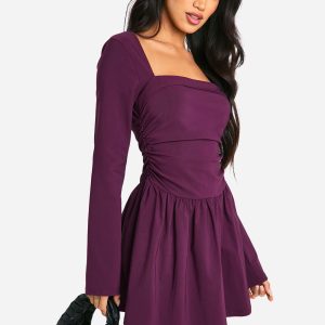 Square Neck Long Sleeve Skater Mini Dress