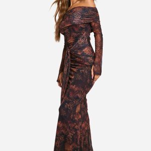 Mesh Snake Print Twist Detail Maxi Dress