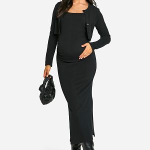 Maternity Textured Rib Strappy Side Split Midaxi Dress & Crop Cardigan