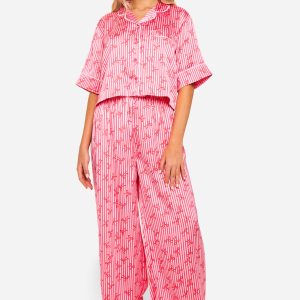 Bow Print Stripe Piping Detail Short Sleeve Shirt & Trousers Pyjama Set