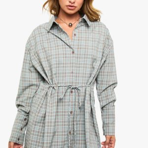 Check Cinched Waist Shirt Dress