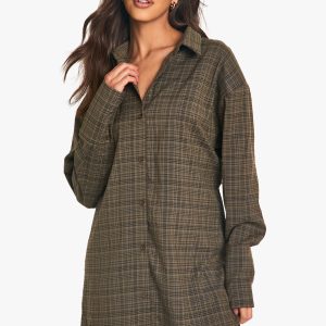 Check Cinched Waist Shirt Dress