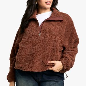 Plus Half Zip Side Pocket Overszied Borg Sweatshirt