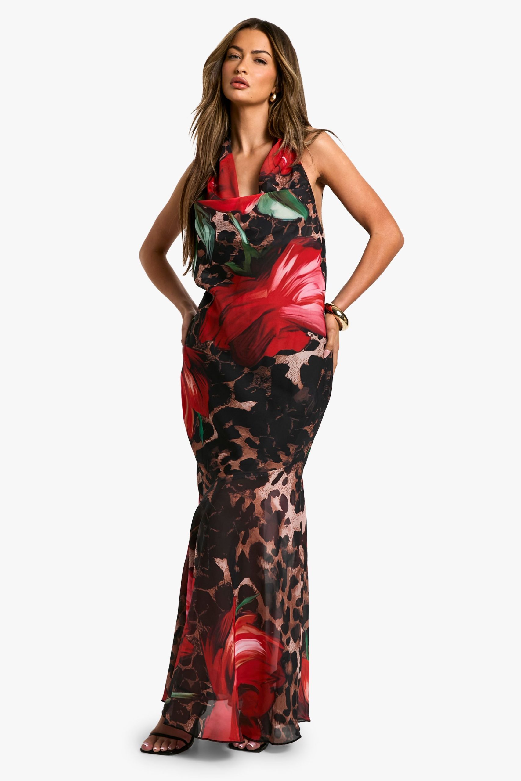 Leopard Floral Mix Chiffon Halterneck Maxi Dress
