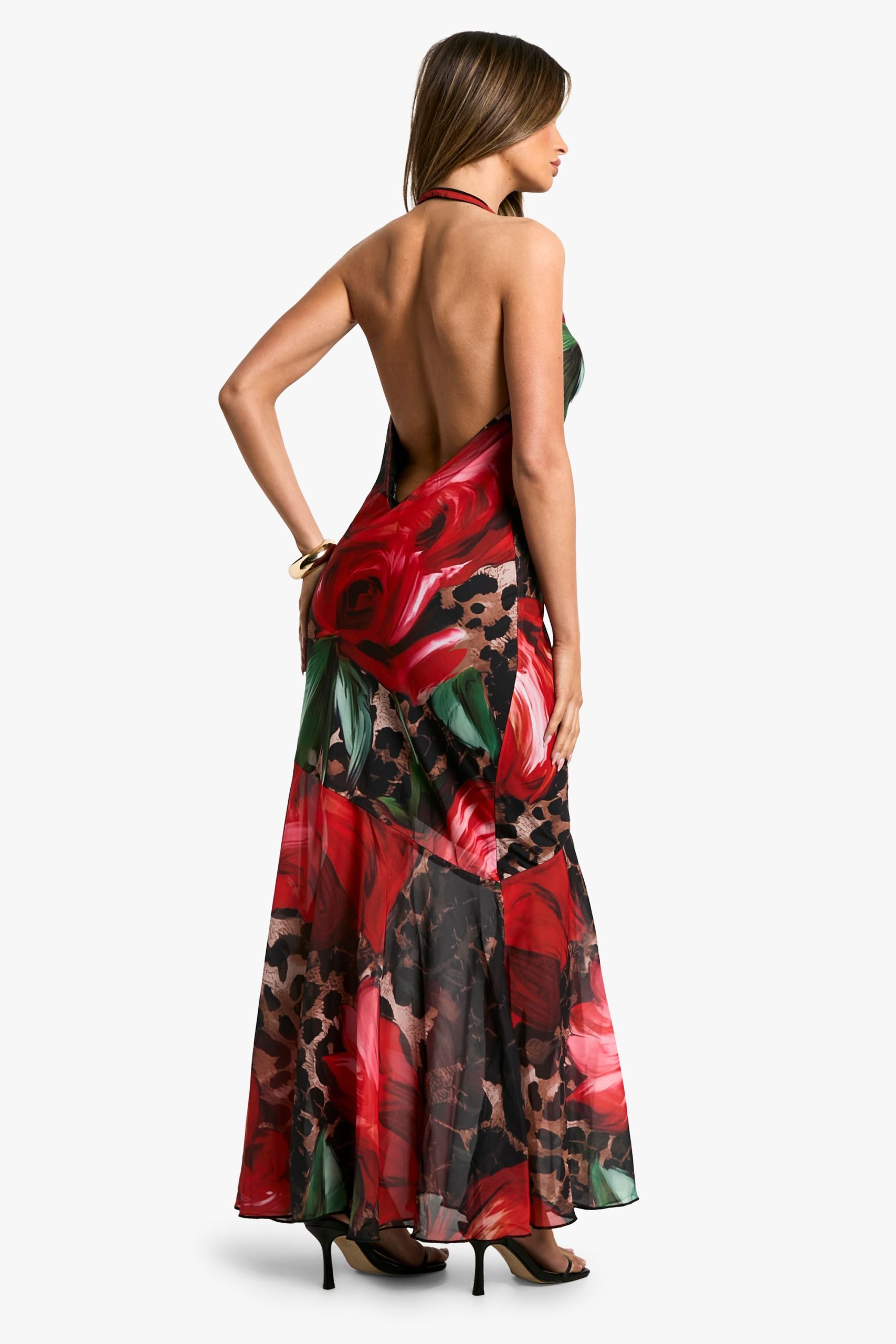 Leopard Floral Mix Chiffon Halterneck Maxi Dress - Image 2