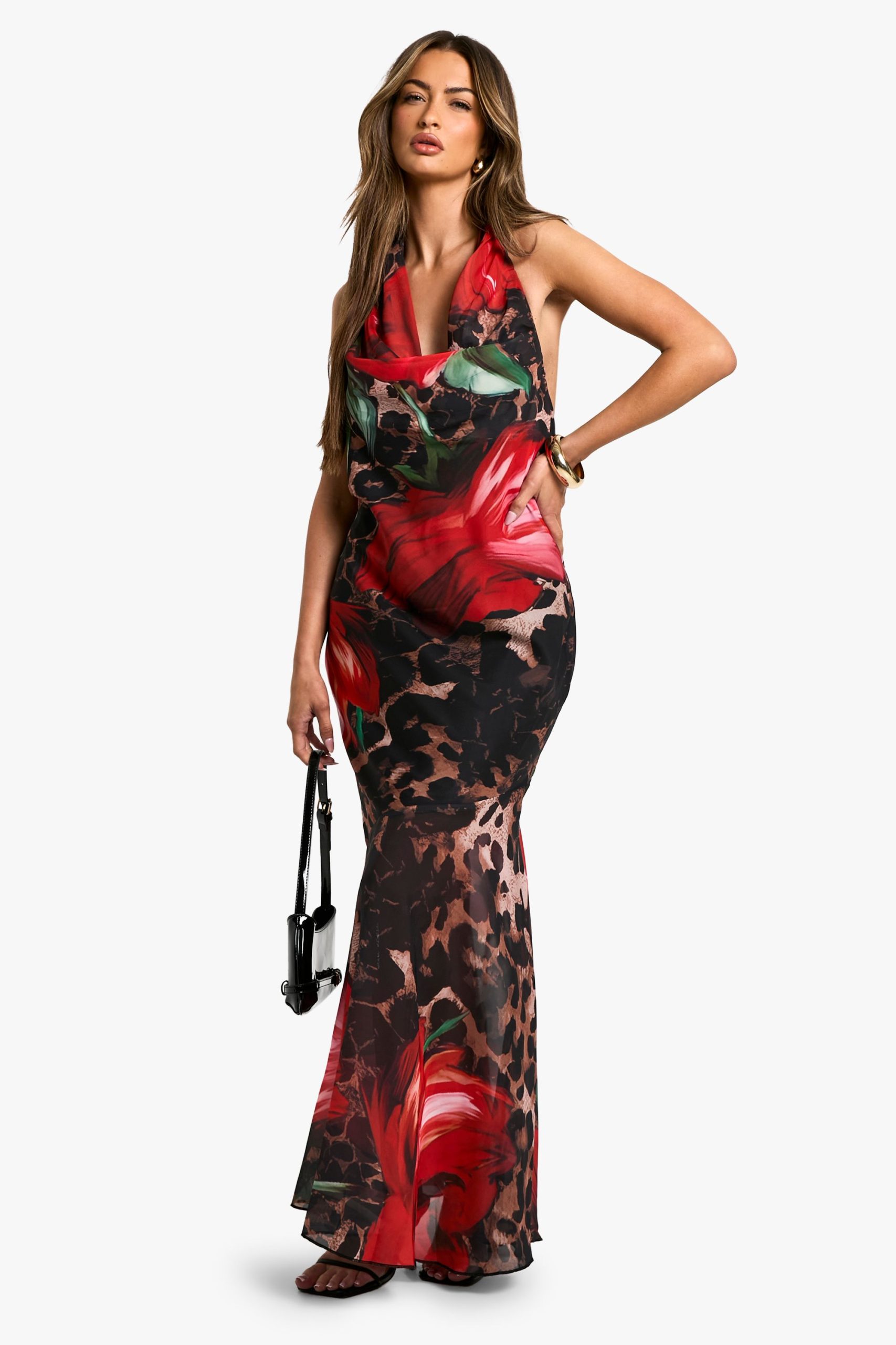Leopard Floral Mix Chiffon Halterneck Maxi Dress - Image 3