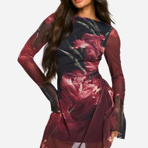 Floral Mesh A Line Mini Dress