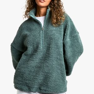 Nylon Detail Half Zip Oversized Borg Sweatshirt
