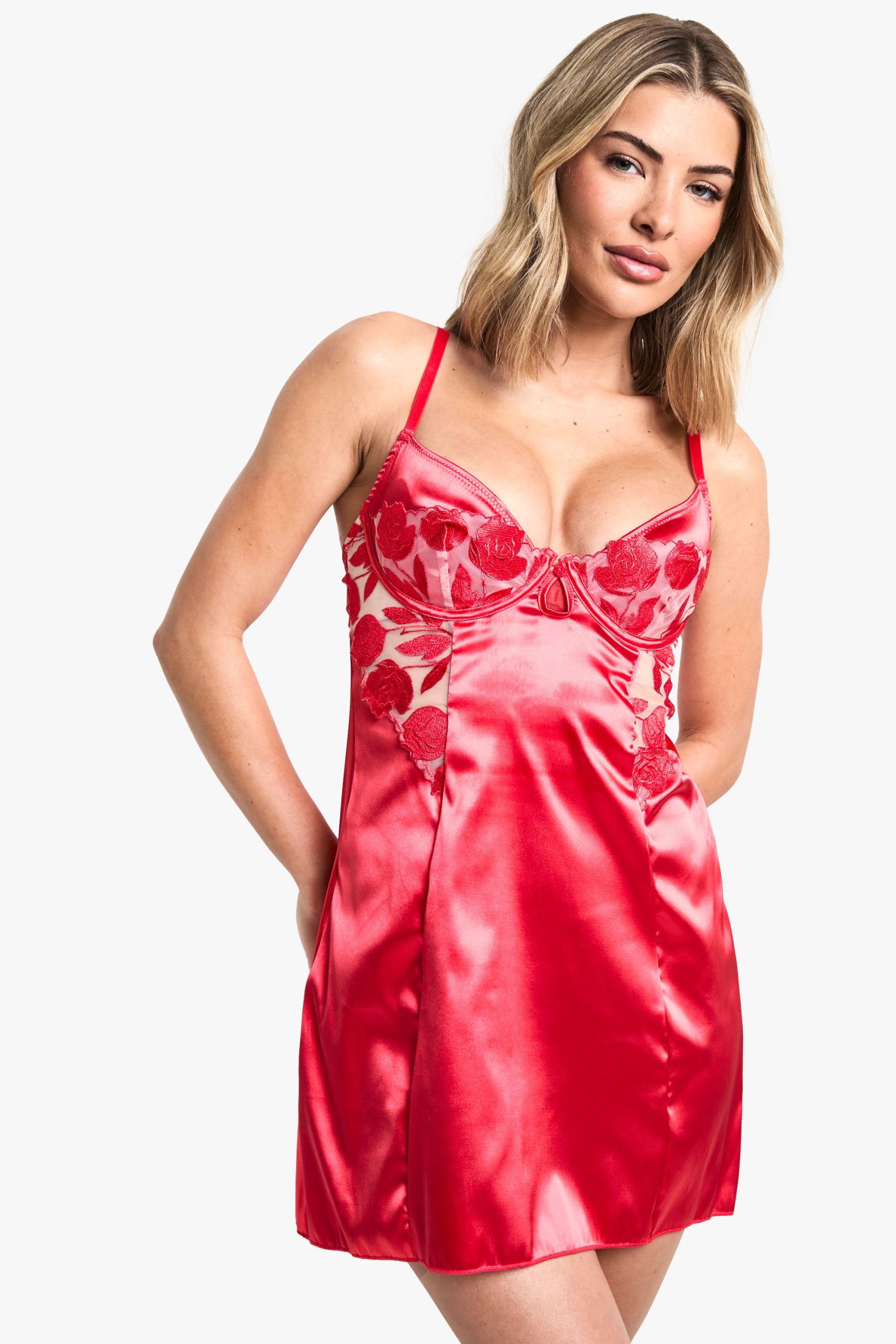 Rose Mesh Panel Satin Chemise - Image 3