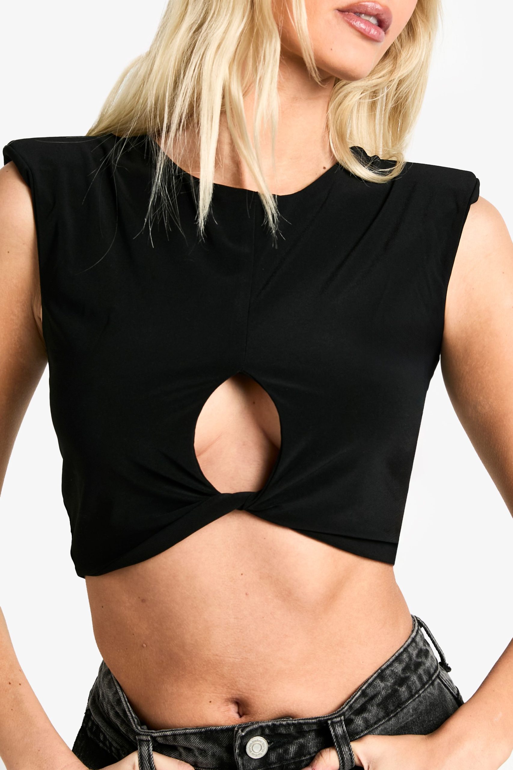 Double Layer Slinky Knot Front Shoulder Pad Top - Image 4
