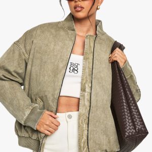 Washed Look Oversized Bomber Jacket