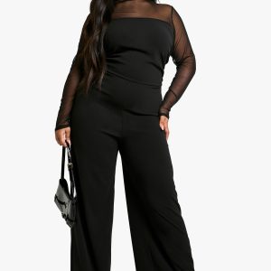 Plus Mesh Ruched Wide Leg Jumpsuit