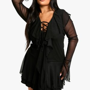 Plus Mesh Ruffle Lace Up Skater Dress