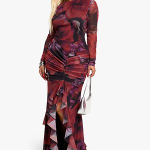 Plus Floral Mesh Ruffle Ruched Maxi Dress