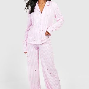 Petite Pinstripe Heart Print Long Sleeve Shirt & Trousers Pyjama Set