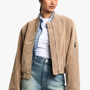 Suede Look Shoulder Pad Bomber Jacket