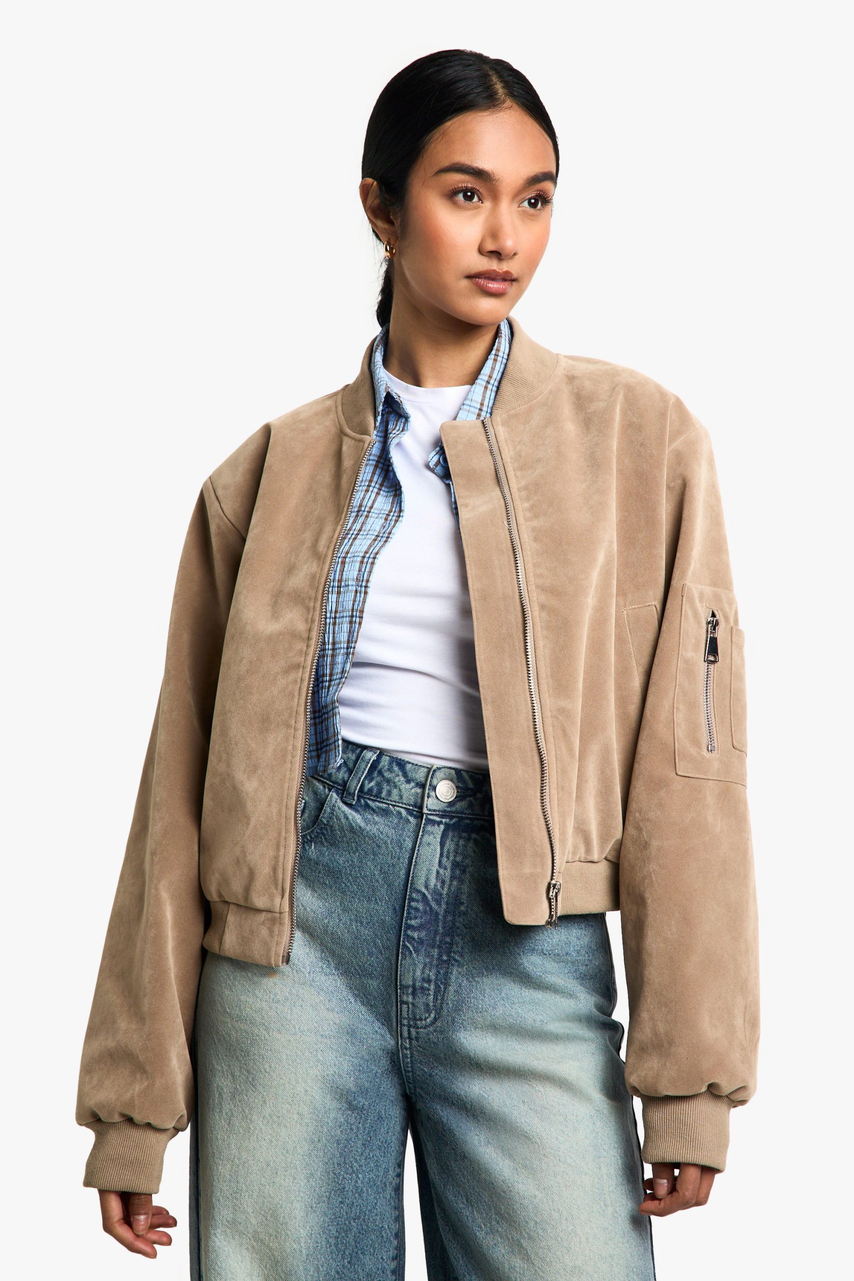 Suede Look Shoulder Pad Bomber Jacket