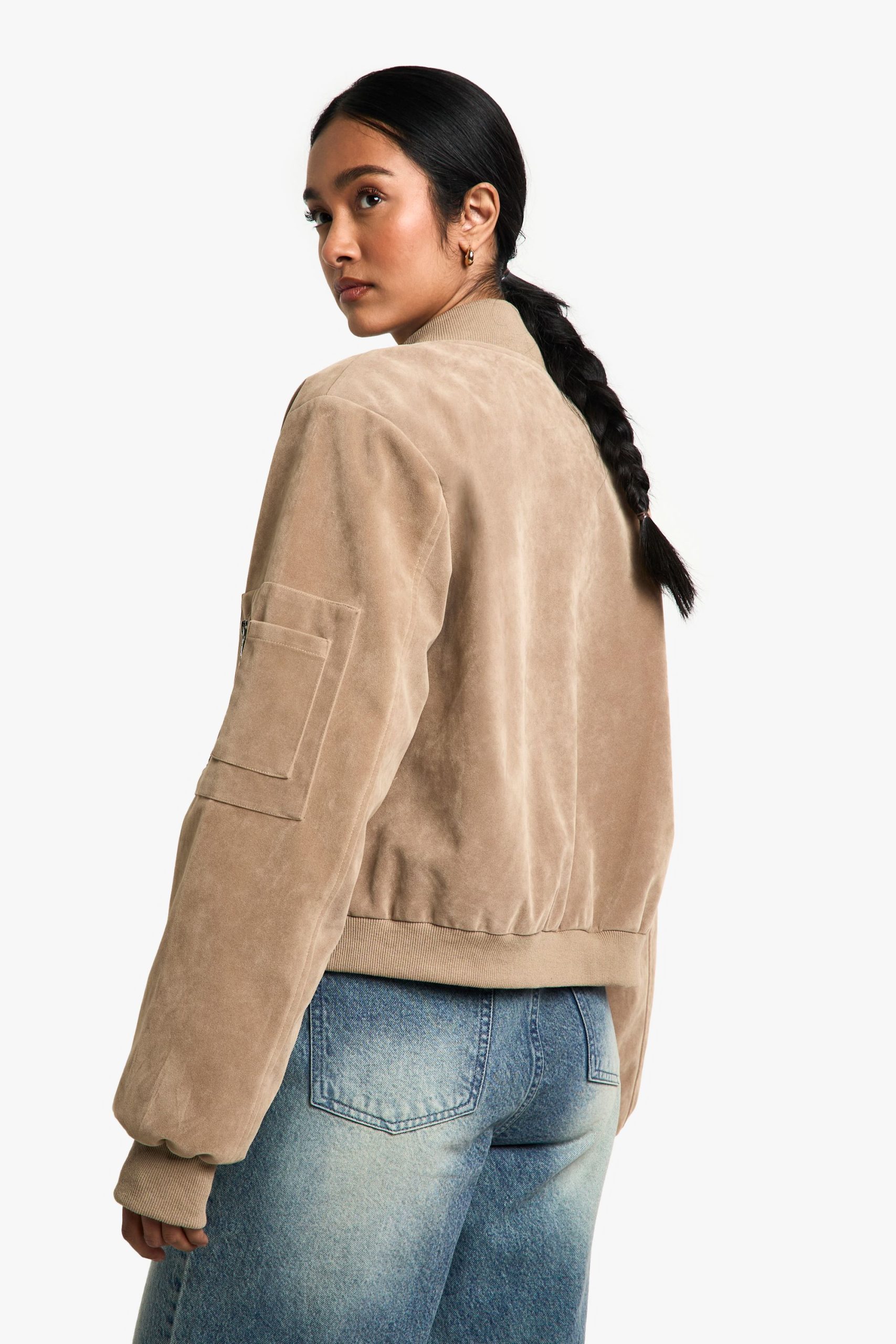Suede Look Shoulder Pad Bomber Jacket - Image 2