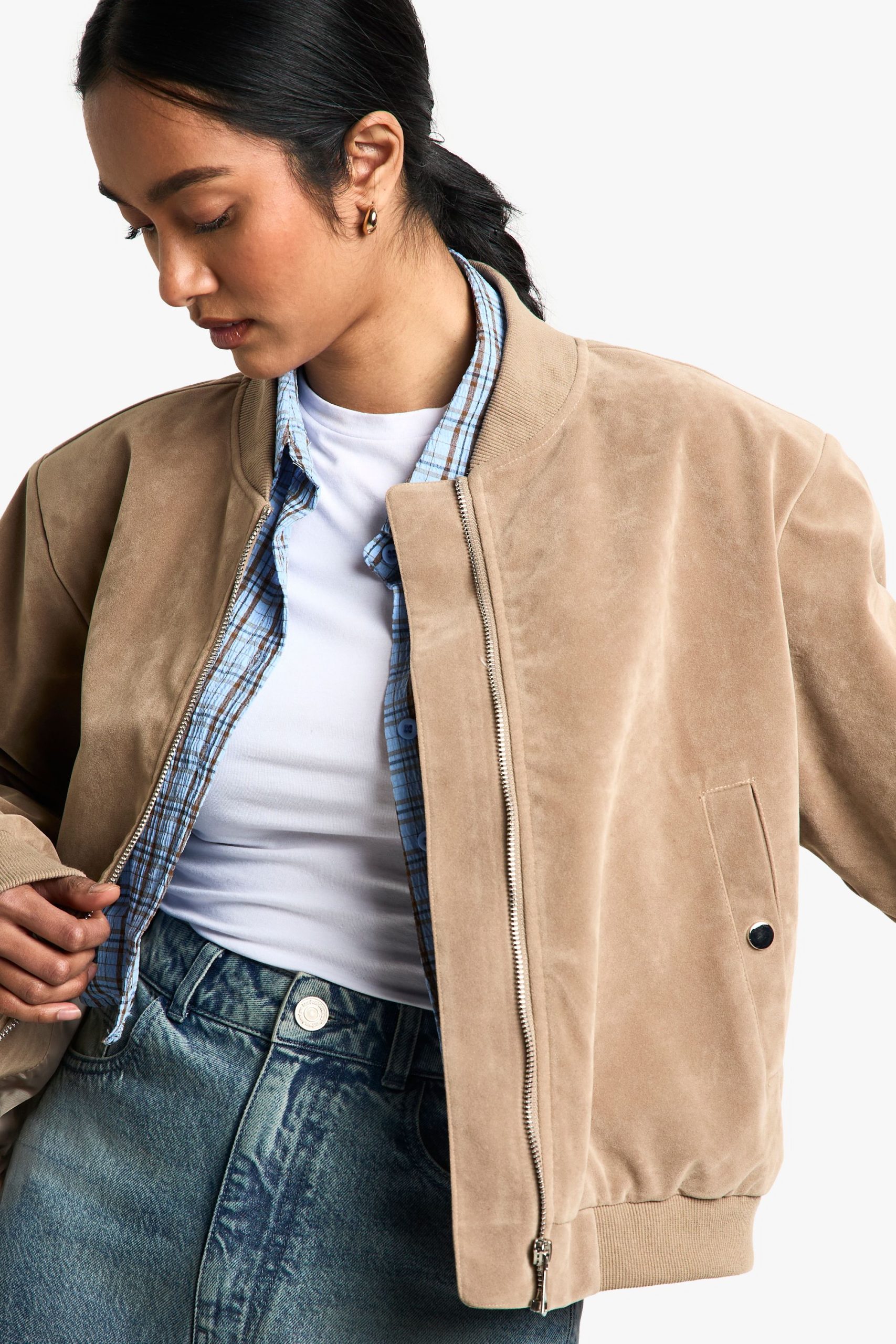Suede Look Shoulder Pad Bomber Jacket - Image 4