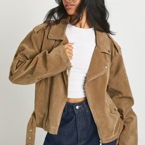 Suede Look Oversized Biker Jacket