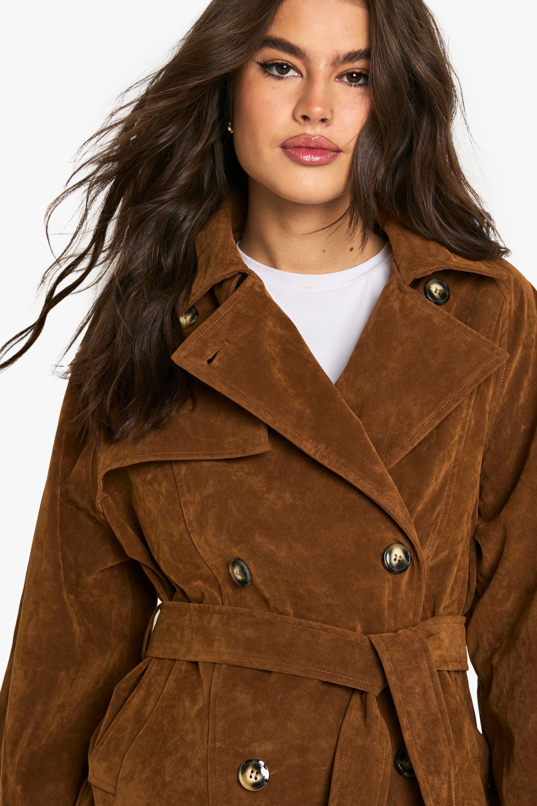Suede Look Short Belted Trench Coat - Image 4
