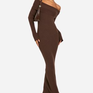 Tall Bardot Ribbed Knit Maxi Dress