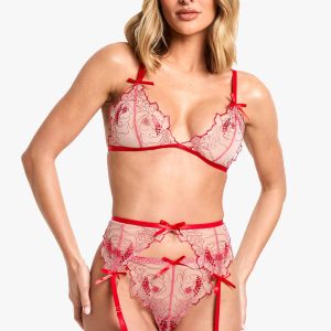 Floral Lace Bralet, Thong And Suspender Set
