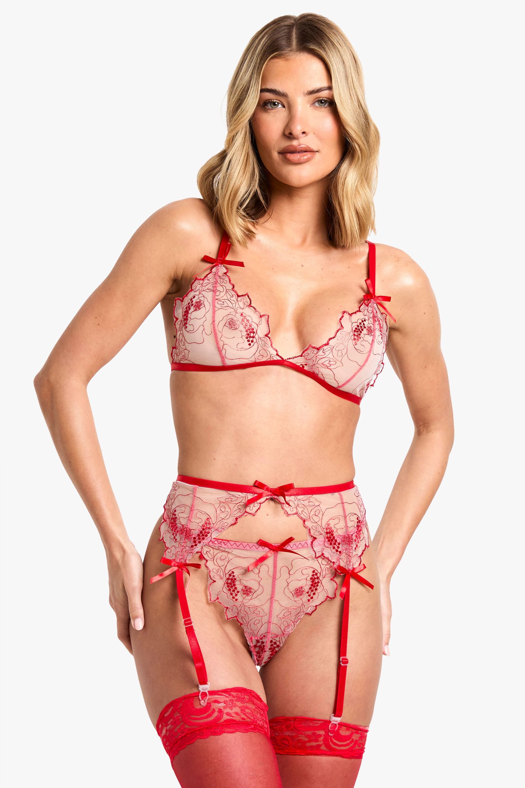 Floral Lace Bralet, Thong And Suspender Set