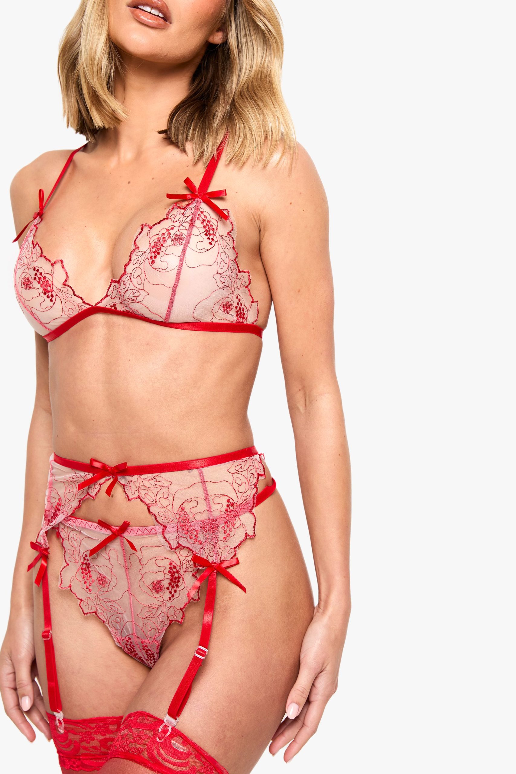 Floral Lace Bralet, Thong And Suspender Set - Image 4