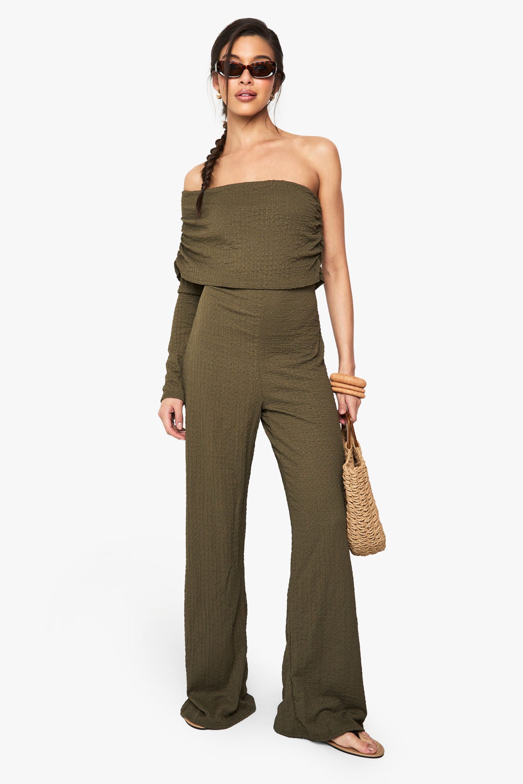 One Shoulder Wide Leg Textured Jumpsuit