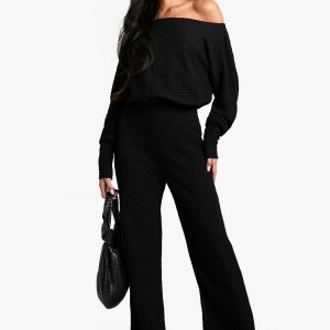 Cold Shoulder Wide Leg Textured Jumpsuit