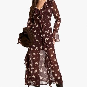 Dark Floral Ruffle Midaxi Dress