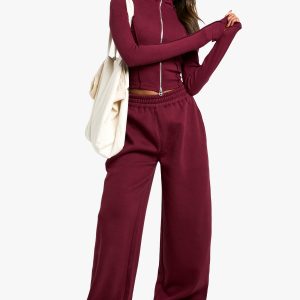 Rib Seam Detail Double Zip Top And Straight Leg Jogger Set