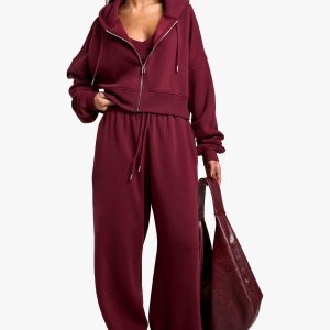 Ribbed V Neck Top 3 Piece Hooded Tracksuit