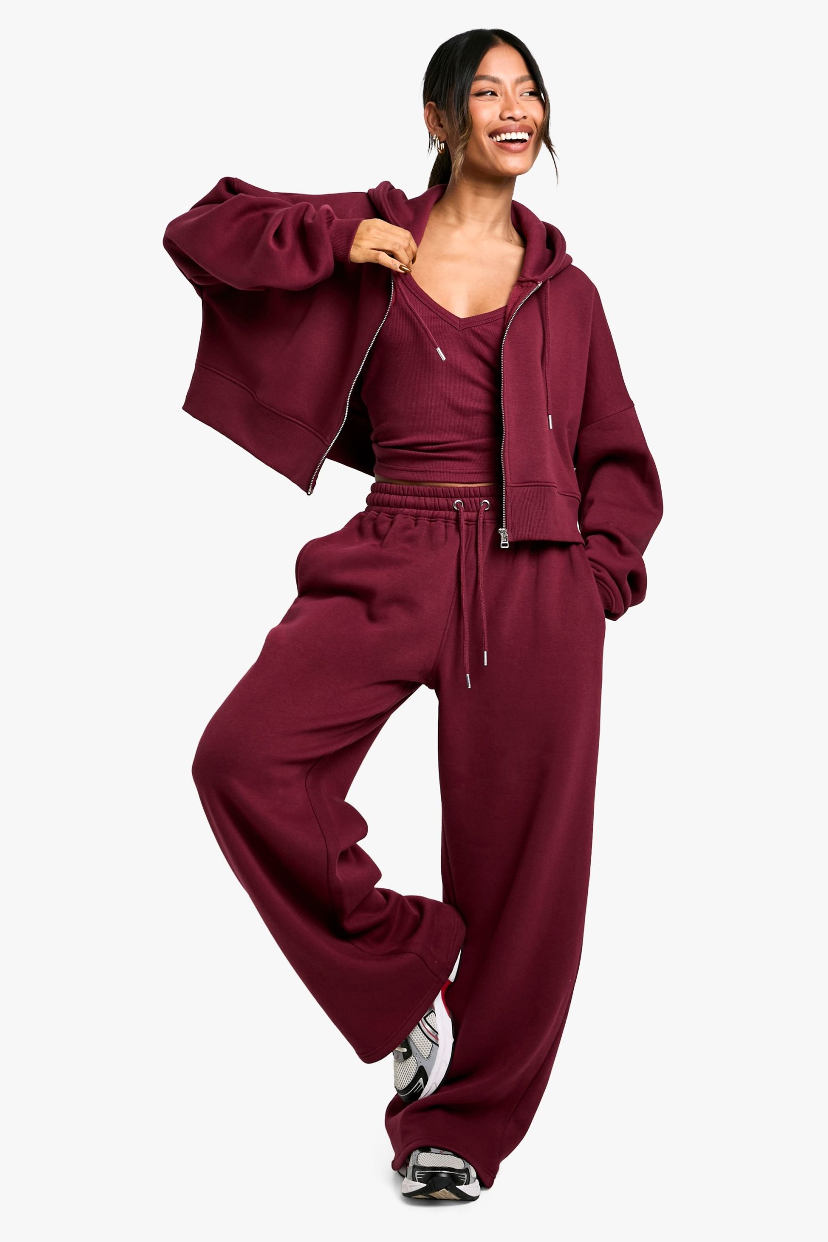 Ribbed V Neck Top 3 Piece Hooded Tracksuit - Image 3
