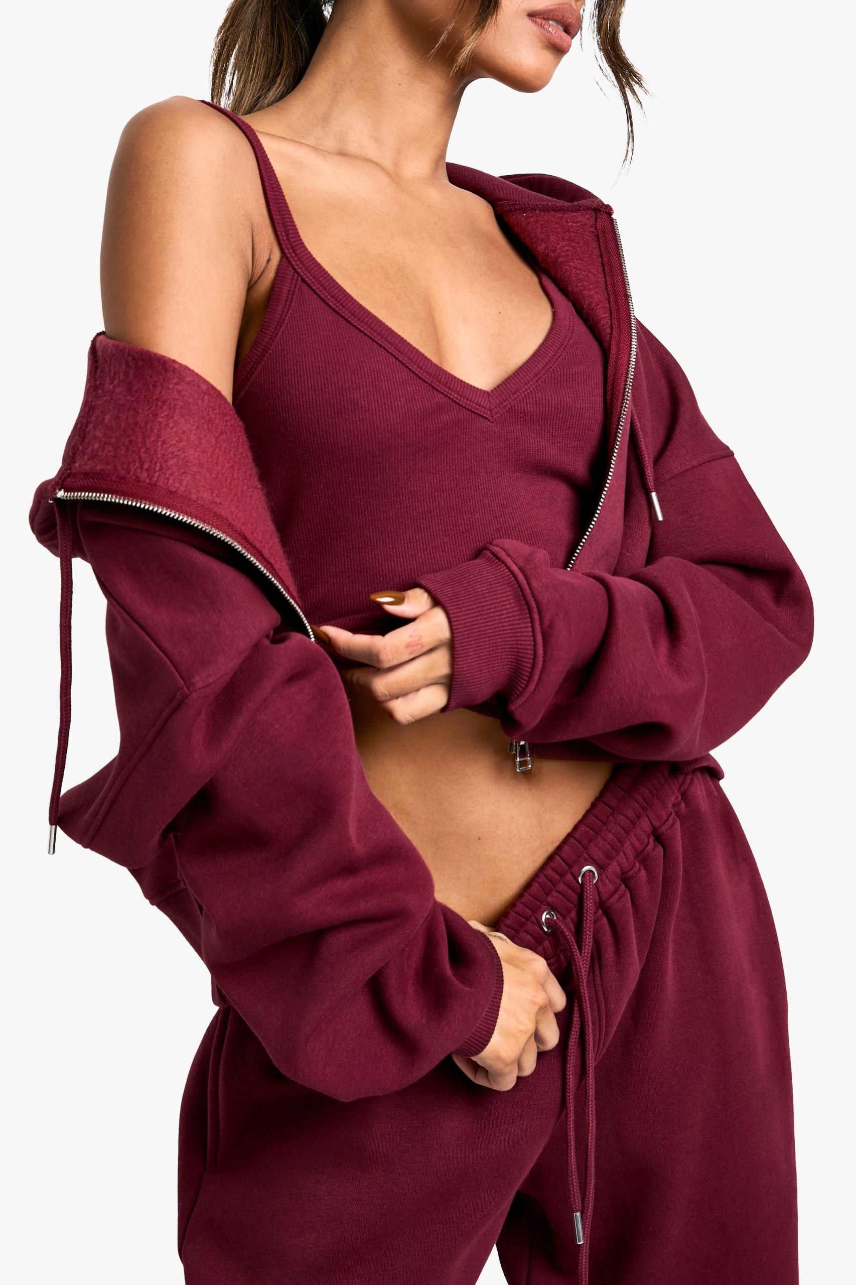 Ribbed V Neck Top 3 Piece Hooded Tracksuit - Image 4